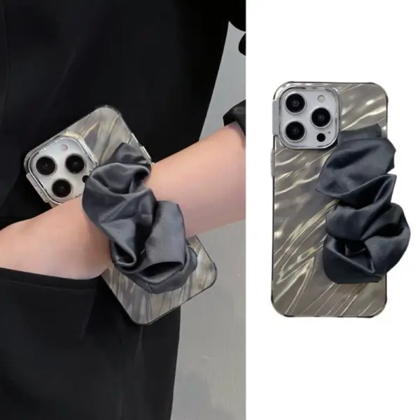 Elegant Marble Phone Case with Satin Scrunchie Strap