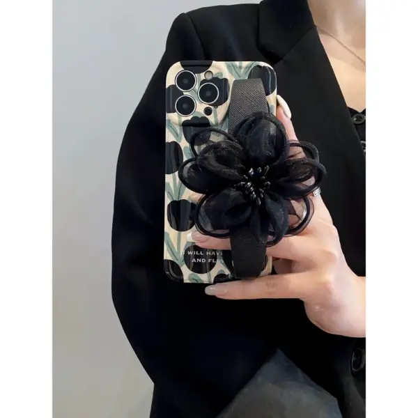 Floral Elegance Phone Case with Black Mesh Flower Strap