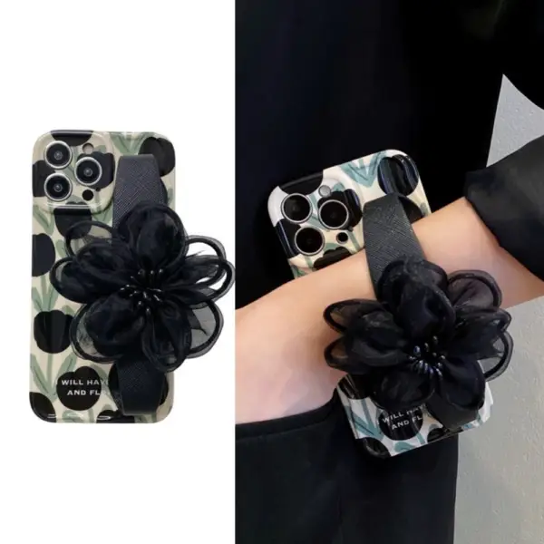 Floral Elegance Phone Case with Black Mesh Flower Strap