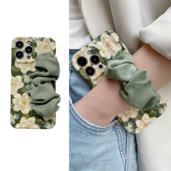 Floral Satin Scrunchie Phone Case with Crossbody Strap – Green