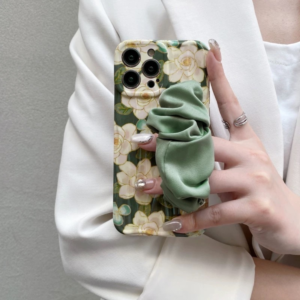 Floral Satin Scrunchie Phone Case with Crossbody Strap – Green