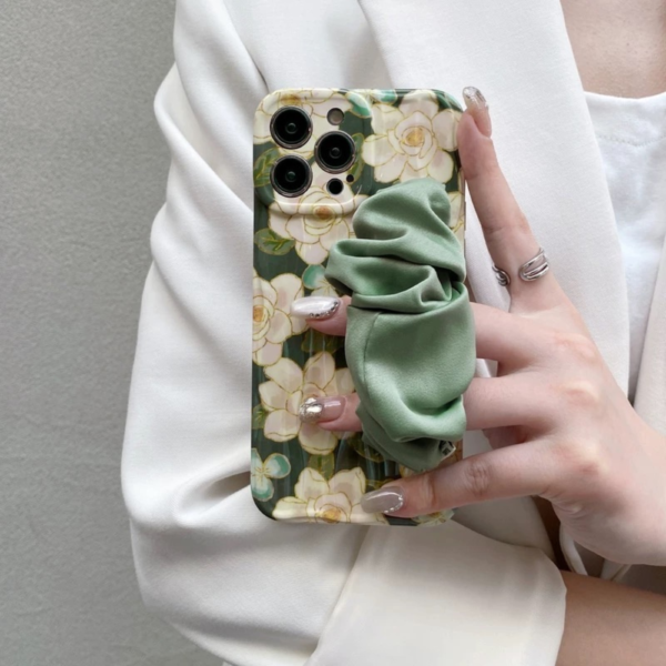 Floral Satin Scrunchie Phone Case with Crossbody Strap – Green