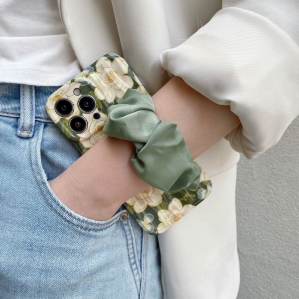 Floral Satin Scrunchie Phone Case with Crossbody Strap – Green