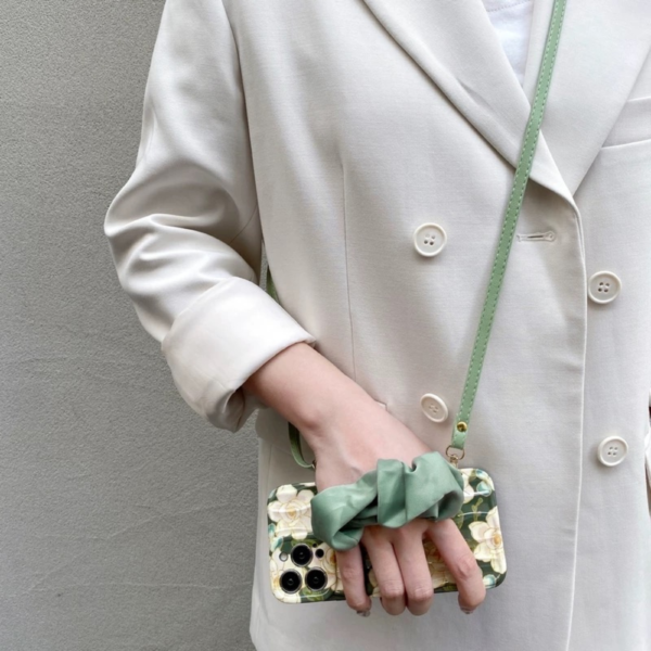 Floral Satin Scrunchie Phone Case with Crossbody Strap – Green