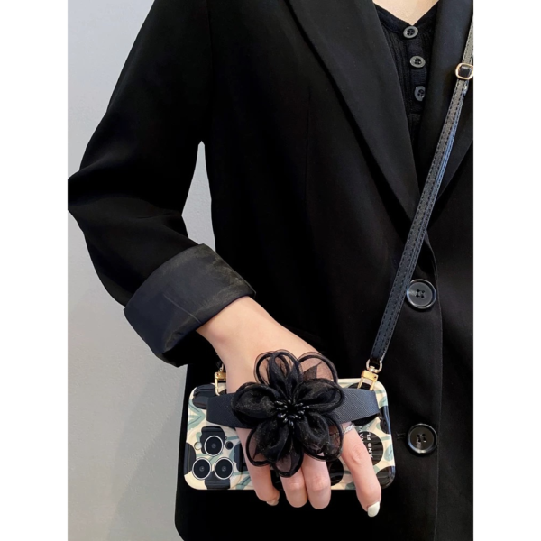 Floral Elegance Phone Case with Black Mesh Flower Strap