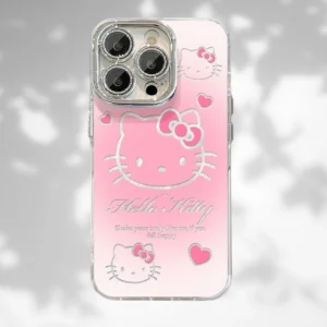A pink gradient cute cat phone case with silver artwork, featuring a stylish and protective design.