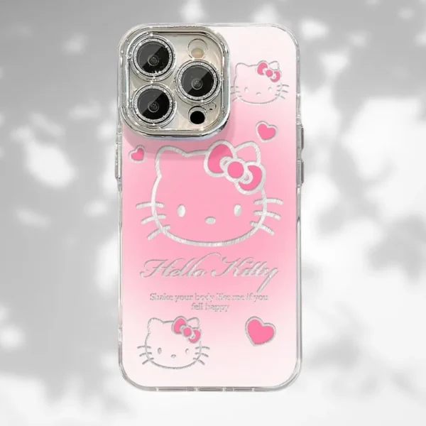 A pink gradient cute cat phone case with silver artwork, featuring a stylish and protective design.