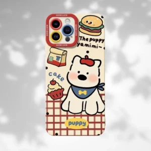 A cute puppy-themed phone case featuring a cartoon dog, food illustrations, and a stylish checkered background.