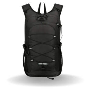 Black customizable outdoor backpack with multiple compartments and a sleek ergonomic design.