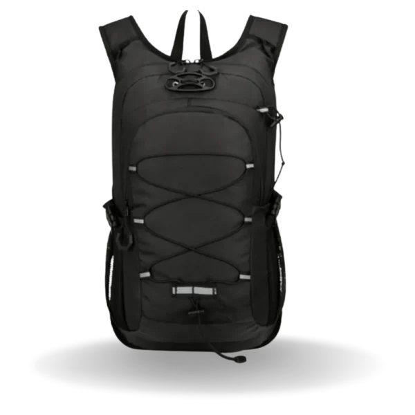 Black customizable outdoor backpack with multiple compartments and a sleek ergonomic design.