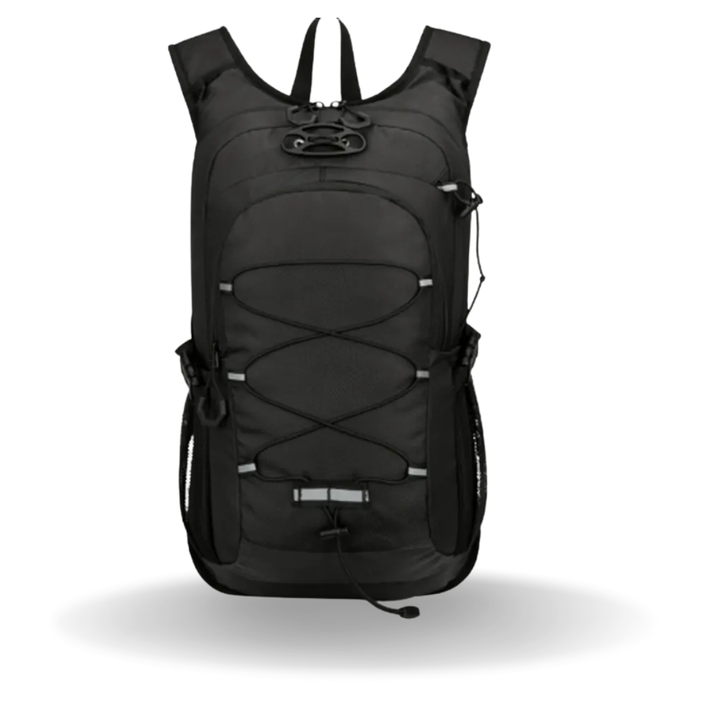 Black customizable outdoor backpack with multiple compartments and a sleek ergonomic design.
