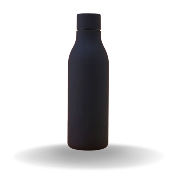 Black customizable insulated water bottle with a sleek matte finish, perfect for branding and daily hydration.