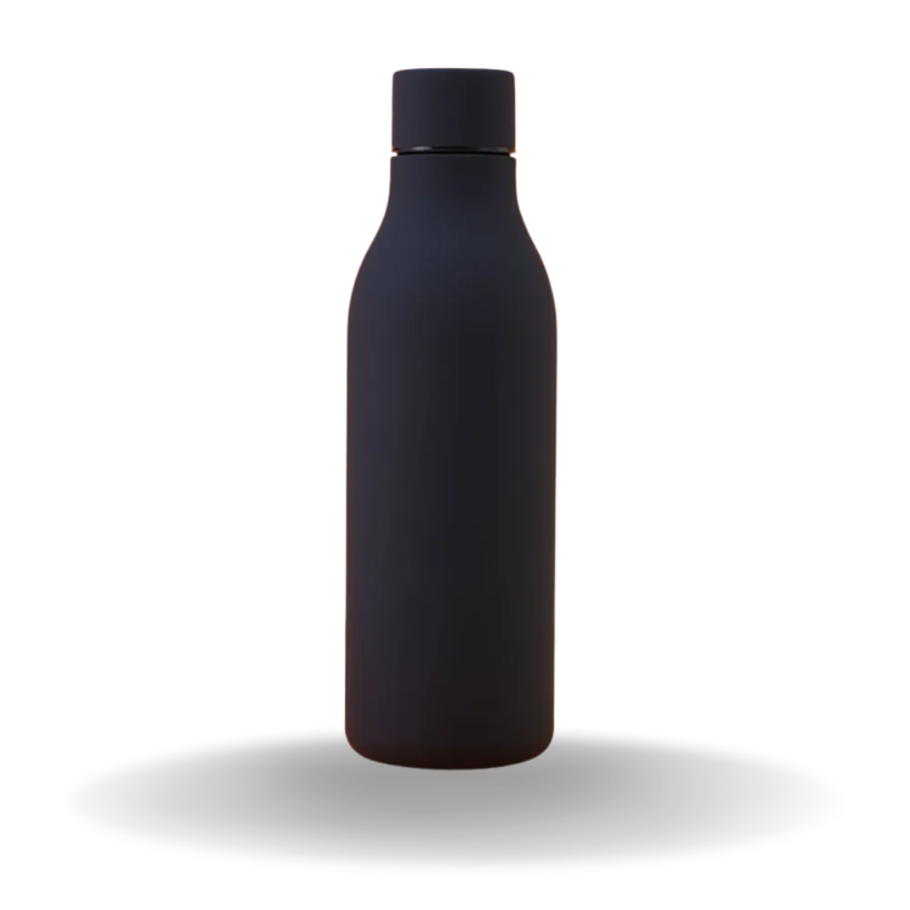 Black customizable insulated water bottle with a sleek matte finish, perfect for branding and daily hydration.