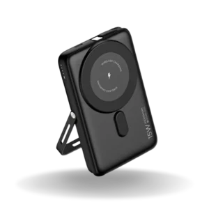 Black customizable 15W wireless power bank with a built-in stand and fast charging capabilities.