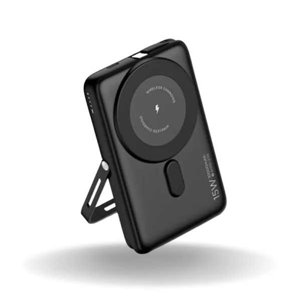 Black customizable 15W wireless power bank with a built-in stand and fast charging capabilities.