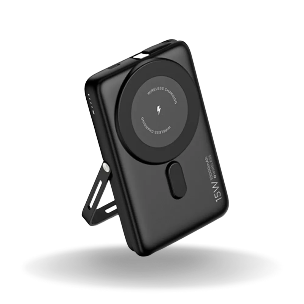 Black customizable 15W wireless power bank with a built-in stand and fast charging capabilities.